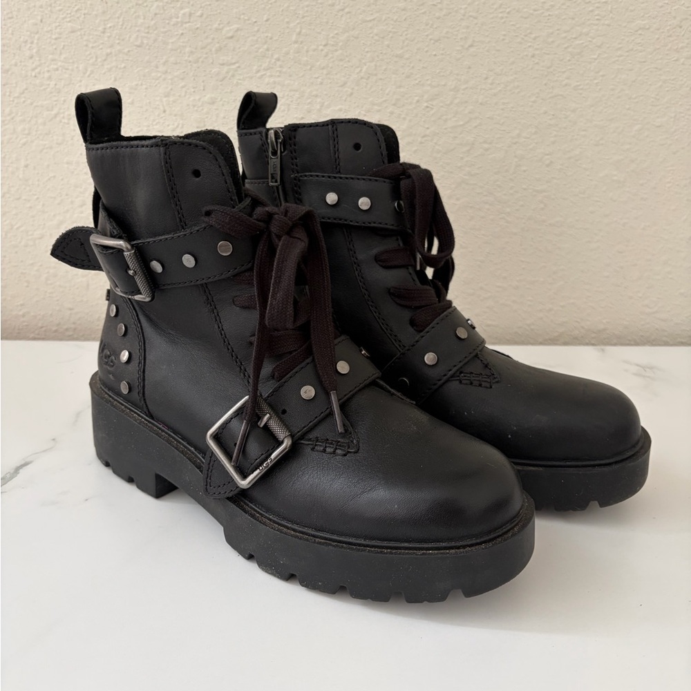 UGG Zorrah Black Leather Lug Sole Combat Boots with Buckle and Studs